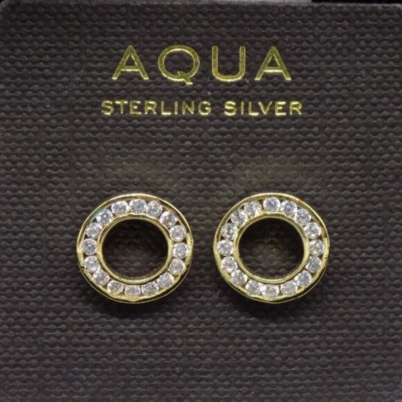 Aqua Stud Earrings Circle White Clear CZ Yellow Gold Vermeil 925 Sterling Silver - Picture 1 of 4
